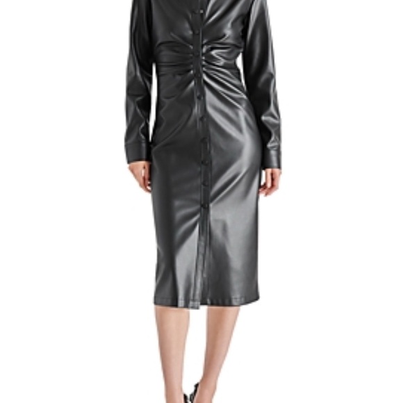 Steve Madden Mclain Womens Faux Leather Midi Shirtdress Black Dress - Picture 4 of 4